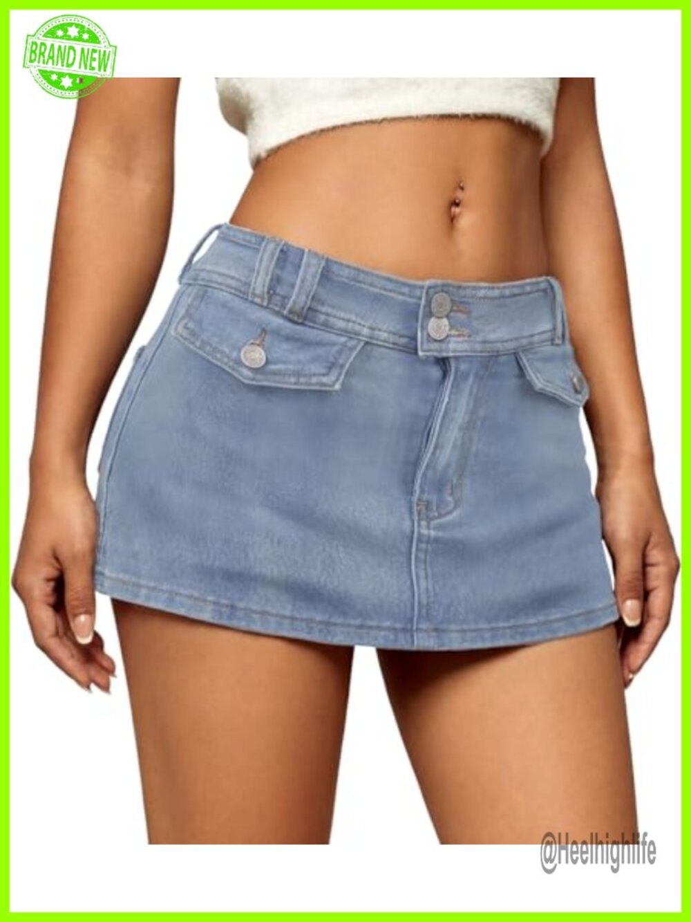 Denim Mini Skort Low Rise with Built-in Shorts Cotton Blend